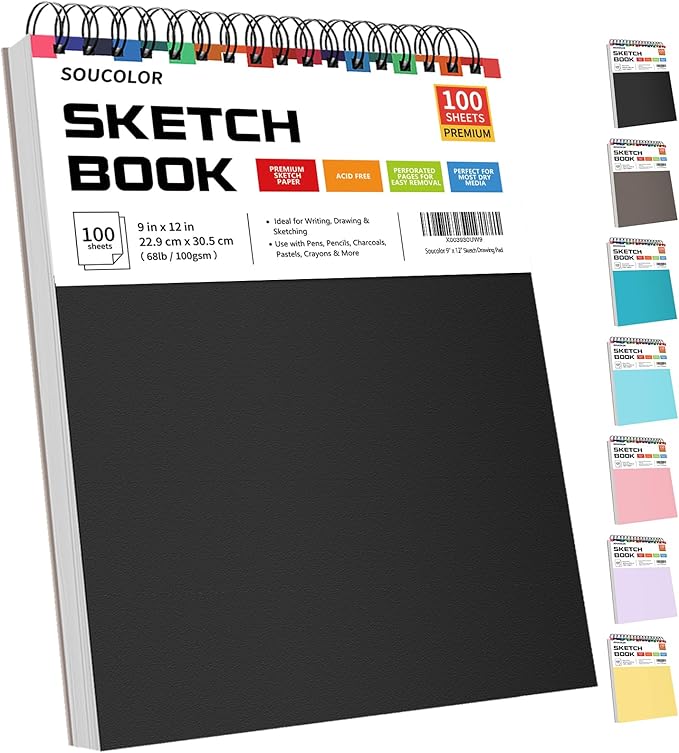 Soucolor 9" x 12" Sketch Book, 100 Sheets Top Spiral Bound Sketchbook with Acid-Free 68lb/100gsm Thick Drawing Paper, Art Sketch Pad for Kids, Adults & Artist, Professional Art Supplies for Beginners