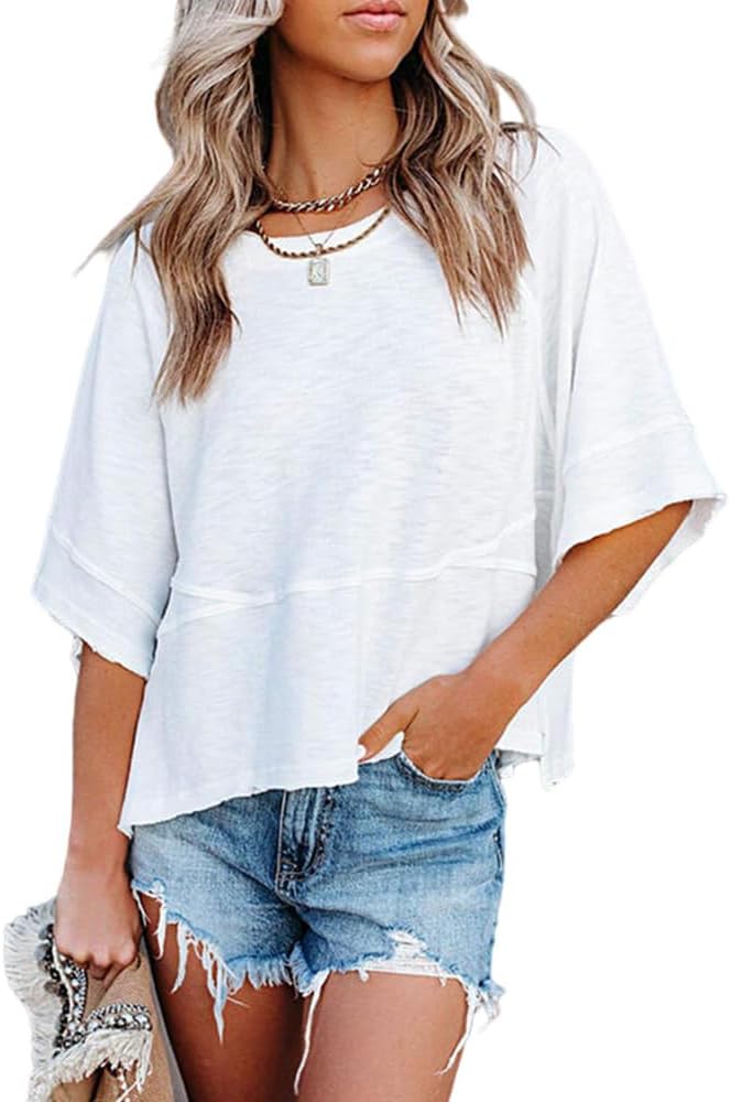 Sovelen Women's Summer Casual Crewneck Batwing Half Sleeve T-Shirts Solid Color Loose Fit Cute Basic Flowy Tops Tees Blouses