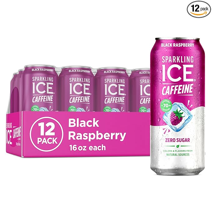 Sparkling Ice Caffeine Black Raspberry Sparkling Water with Caffeine, Zero Sugar, with Antioxidants and Vitamins,16 fl oz Cans (Pack Of 12)