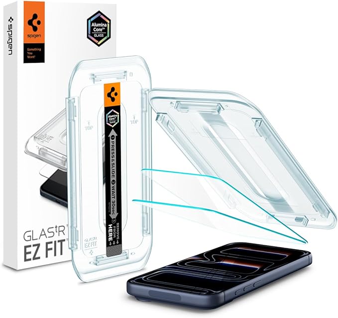 Spigen AluminaCore Tempered Glass Screen Protector [Glas.tR EZ Fit] designed for iPhone 17 Pro | iPhone 17 | iPhone 16 Pro [2 Pack] 9H+ Hardness, Aluminum-Enhanced Durability | 9H Hardness Tempered Glass, Easy Installation Kit, Case-Friendly, Crystal Clear, Touch Responsive, Oleophobic Coating