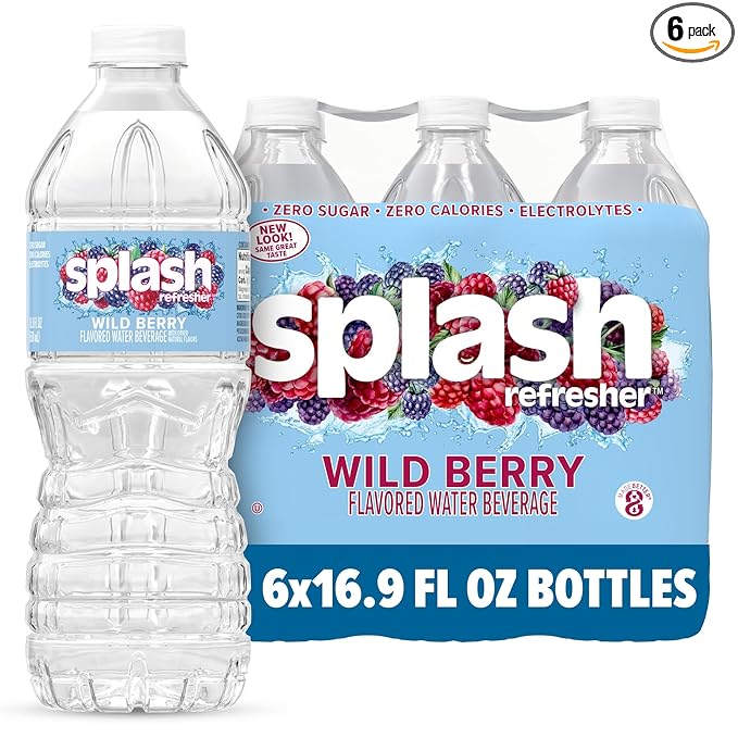 SPLASH REFRESHER Flavored Water Bottles, Wild Berry Flavor - 6-Pack, 16.9 Fl Oz - Refreshing Flavored Bottled Water with Electrolytes - Zero Sugar & Zero Calories