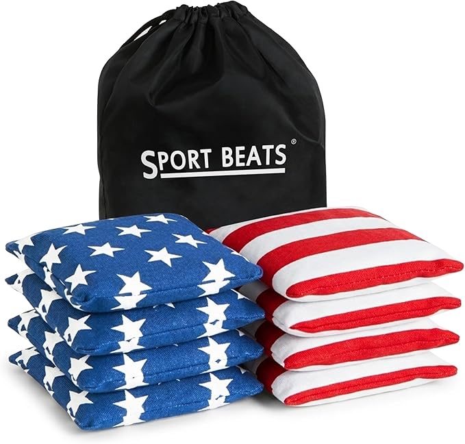 SPORT BEATS Cornhole Bags Set of 8 - Regulation Size & Weight Bean Bags, Heavy Duty Double-Stitched Canvas for Tailgating, Outdoor Backyard Game Accessories with Carry Tote
