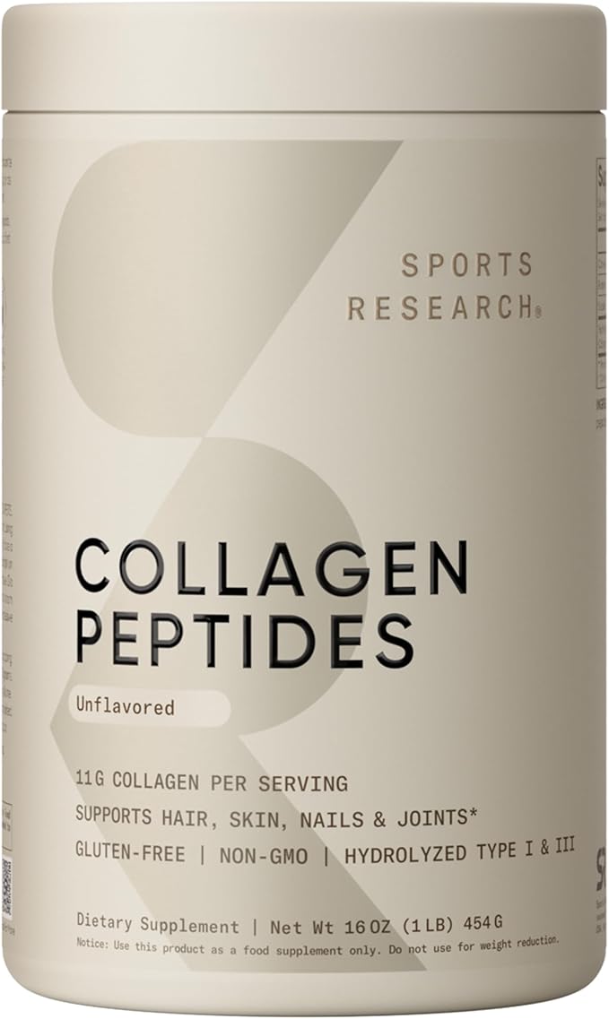 Sports Research® Collagen Peptides Protein Powder, 16oz (Unflavored) | * 11g Grass-Fed Collagen, 10g Protein & 18 Amino Acids per Scoop - Hair, Skin & Joint Support - Hydrolyzed for Easy Mixing