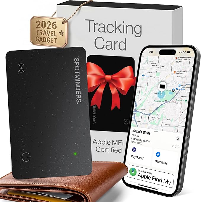 SPOTMINDERS Apple MFi Certified Wallet Tracker Card - Dad Gifts for Fathers Day Works, with Apple Find My, IP68 Rechargeable Tracking Card for Wallet Luggage Passport - Ultra Slim 0.07in Item Finder