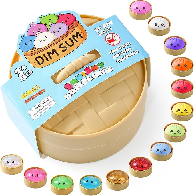 Squishy Dumpling Toy, Dumpling Squishy Mystery Box, Random 1 of 14 Colors, Stocking Stuffers with Food Steamer Stretchy Desk Toy
