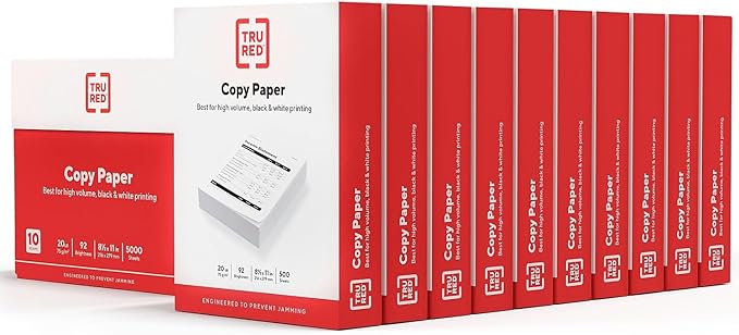 Staples TRU RED Copy & Printer Paper, 8.5 x 11, 20 lb, 92 Bright, 5,000 Sheets/Carton, White Letter Size Paper for Office, School & Home