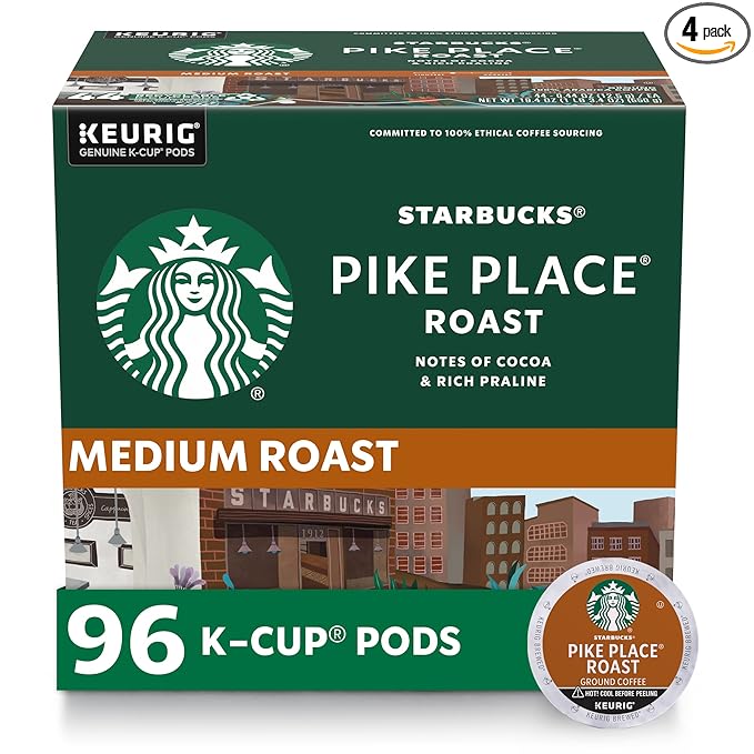 Starbucks K-Cup Coffee Pods, Medium Roast Hot or Iced Coffee, Pike Place Roast, 96 Keurig Pods ​