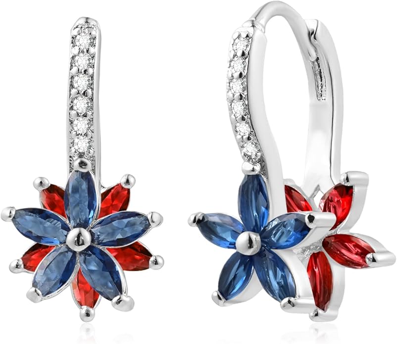 Sterling Silver Flower Earrings for Women Leverback Earrings with Crystal Double Floral Hoops for Birthstone Jewelry
