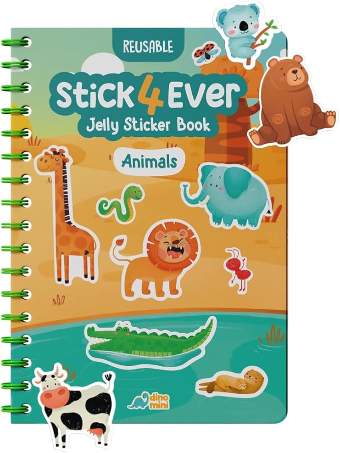 Stick4Ever Jelly Sticker Book - for Kids - Waterproof, Easy to Clean Reusable Sticker Book for Toddlers- Reusable Road Trip Activities for Kids - Stocking Stuffers for Toddlers (Animals)