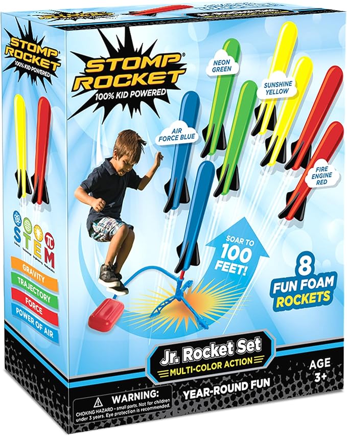 Stomp Rocket Jr Multi-Color Rocket Launcher for Kids, 8 Rockets - Fun Outdoor Kids Gifts for Boys & Girls - STEM Toy Foam Blaster Set Soars Up to 100 Feet - Ages 3 & Up