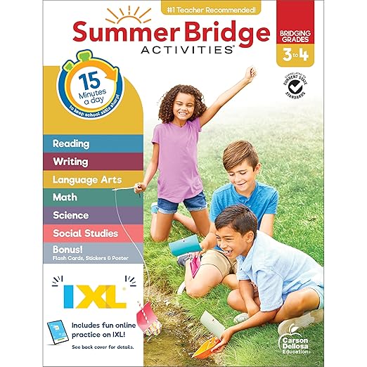 Summer Bridge Activities 3rd to 4th Grade Workbook, Activity Book With Math, Language Arts, Reading Comprehension, Science, Social Studies, Writing, Fitness, Flash Cards, Stickers and More