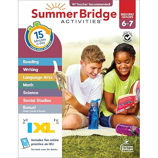 Summer Bridge Activities 6th to 7th Grade Workbooks All Subjects, Middle School Books With Math, Language Arts, Reading Comprehension, Science, Social Studies, Fitness, Flash Cards, and More