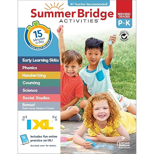 Summer Bridge Activities Preschool to Kindergarten Workbook, Activity Book Ages 4-6 With Math, Phonics, Handwriting Practice, Fitness, Flash Cards, Stickers, and More