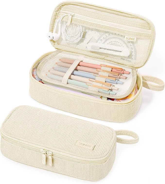 SUNEE Cute Pencil Case, Soft Corduroy Large Capacity Pencil Pouch, Aesthetic Zipper Pencil Bag, Big Storage Pen Organizer for Stationery, Pencil Box Back to School Supplies for Teen Girls Boys, Beige
