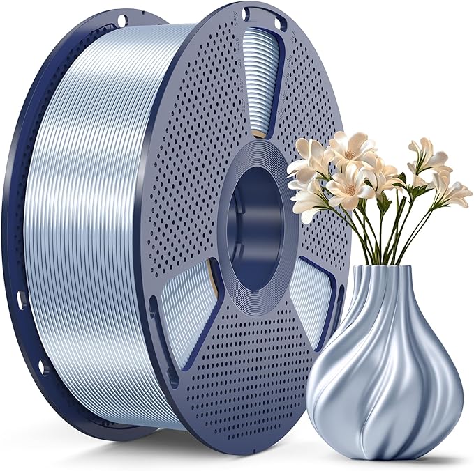 SUNLU 3D Printer Silk Filament,Shiny Silk PLA Filament 1.75mm, Smooth Silky Surface, Great Easy to Print for 3D Printers, Dimensional Accuracy +/- 0.02mm, Silk Silver 1KG