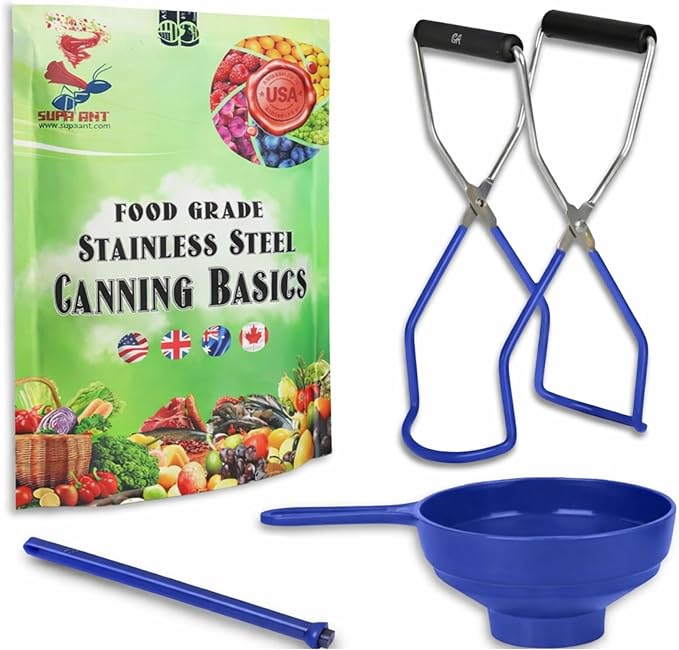 Supa Ant Canning Supplies Starter Kit (Food Grade) - Canning Kits Set for Beginners - 3 Pcs. Including Wide Mouth Jar Funnel, Magnetic Lid Lifter, Stainless Steel Jar Lifter (Assembled in USA) Blue