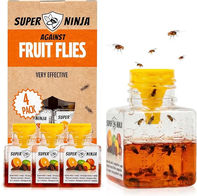 Super Ninja Fruit Fly Traps for Indoors - 4 Pack, Highly Effective Fruit Fly Catcher for Indoor Use for Home & Kitchen, Up to 3 Weeks of Performance per Bottle, Kid & Pet Friendly