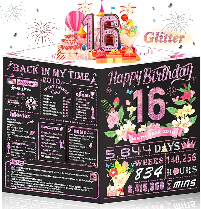 Sweet 16th Birthday Card for Girls Daughter,3D Pop Up Sweet 16th Birthday Cards for Granddaughter Sister,16th Birthday Decorations for 16 Year Old Girl Daughter Funny Birthday Gifts,Rose Glod In 2010