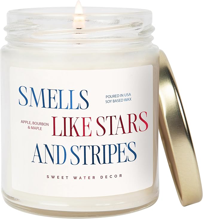 Sweet Water Decor Patriotic Candle, Smells Like Stars and Stripes, 4th of July Decoration, Apple Maple Bourbon Scented, Non-Toxic Soy Wax Candle, 9oz Glass Jar, 40 Hour Burn Time, Poured in the USA