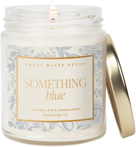 Sweet Water Decor Something Blue Wedding Candle, Non-Toxic Soy Wax, Leather, Iris, and Sandalwood Scent for Relaxation, Gift for Bride, 40 Hours Burn Time - 9oz Gold Lid, Clear Jar