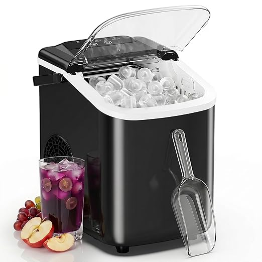 Sweetcrispy Countertop Ice Maker with Scoop, Basket and Handle, Portable Ice Machine 9 Ice Cubes Ready in 6 Mins, 26.5lbs in 24Hrs, 2 Sizes for Home Kitchen Office Bar Party