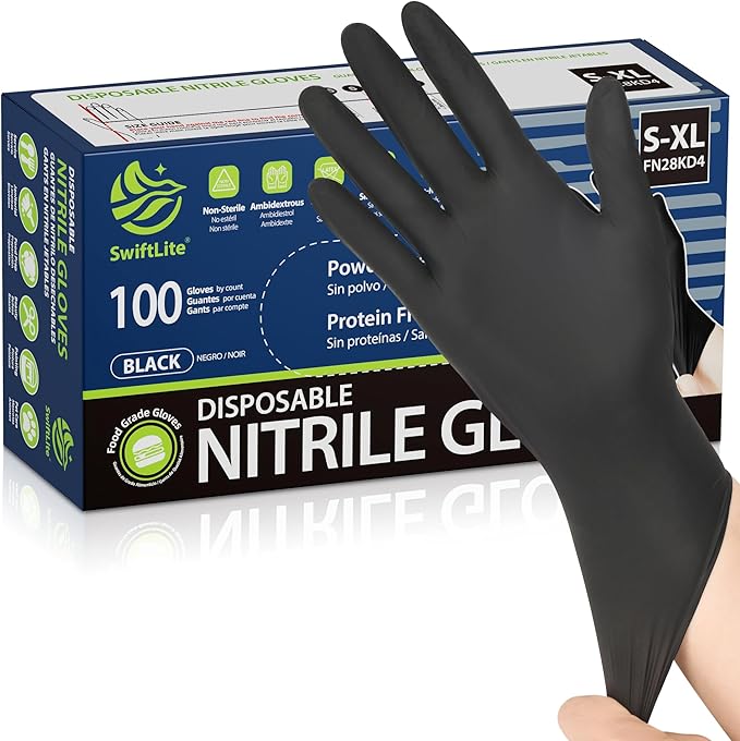SWIFTLITE Black Nitrile Gloves, Food Safe Disposable Gloves Latex Free, Rubber Gloves Powder Free for Cooking, Kitchen Clean