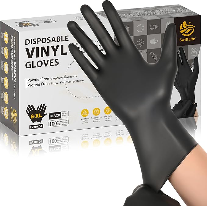 SWIFTLITE Black Vinyl Gloves, Food Grade Gloves Disposable Latex Free & Powder Free, Guantes for Cleaning Cooking Food Prep