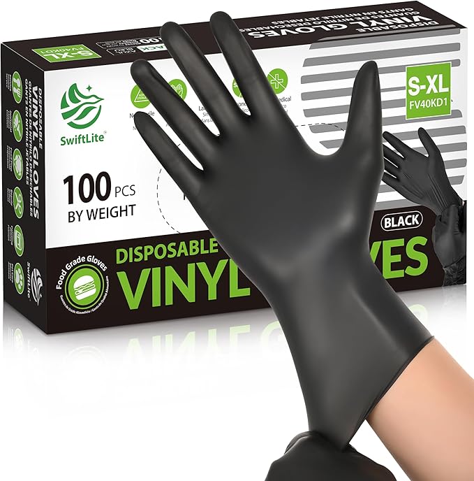 SWIFTLITE Black Vinyl Gloves, Food Grade Gloves Disposable Latex Free & Powder Free, Guantes for Cleaning Cooking Food Prep