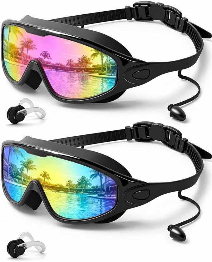 Swim Goggles 2 Pack, Wide View Anti Fog&UV Swimming Goggles for Audlt, No Leak Pool Beach Essentials for Men Women