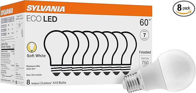 Sylvania ECO LED Light Bulb, A19 60W Equivalent, Efficient 9W, 7 Year, 750 Lumens, 2700K, Non-Dimmable, Frosted, Soft White - 8 Pack (40821)