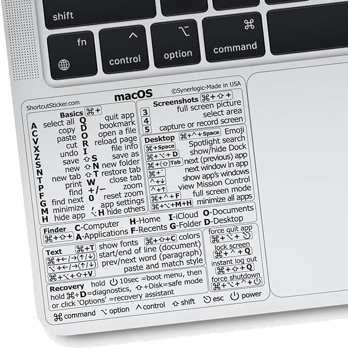 Synerlogic Mac OS Shortcuts Sticker for Air/Pro | Keyboard Stickers for macOS | Laminated Vinyl MacBook Cheatsheet | MacBook Shortcuts 2026 (Clear/Black)