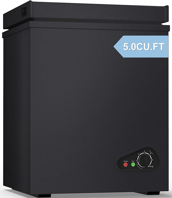 TABU 5.0 Cubic Feet Chest Freezer, Compact Deep Freezer, Black | Top Opening, 7 Level Adjustable Thermostat & Removable Basket,Space-Saving, Low Noise, Freestanding (Black, 5.0 Cu.Ft.)