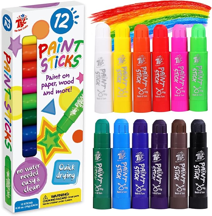 TBC The Best Crafts Paint Sticks for Kids Ages 2-8, 12 Classic Colors, Washable, Non-toxic, Tempera Paint Sticks for Crafts, Art Supplies, and Birthday Gifts