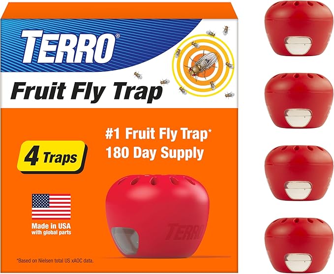 TERRO Fruit Fly Trap 4-Pack with 180 Day Lure Supply - Indoor Fly Traps for Home, Kitchen Counters, and Trash Cans - Apple-Shaped Bug Catcher with Ready to Use Pest Control, T2503SR