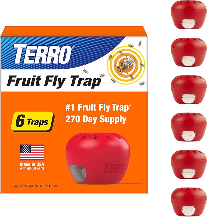 TERRO Fruit Fly Trap 6-Pack Indoor Fly Traps with 270 Days Lure Supply - Apple-Shaped Design for Kitchen Counters, Fruit Bowls, Trash Cans and Indoor Pest Control, T2503-3