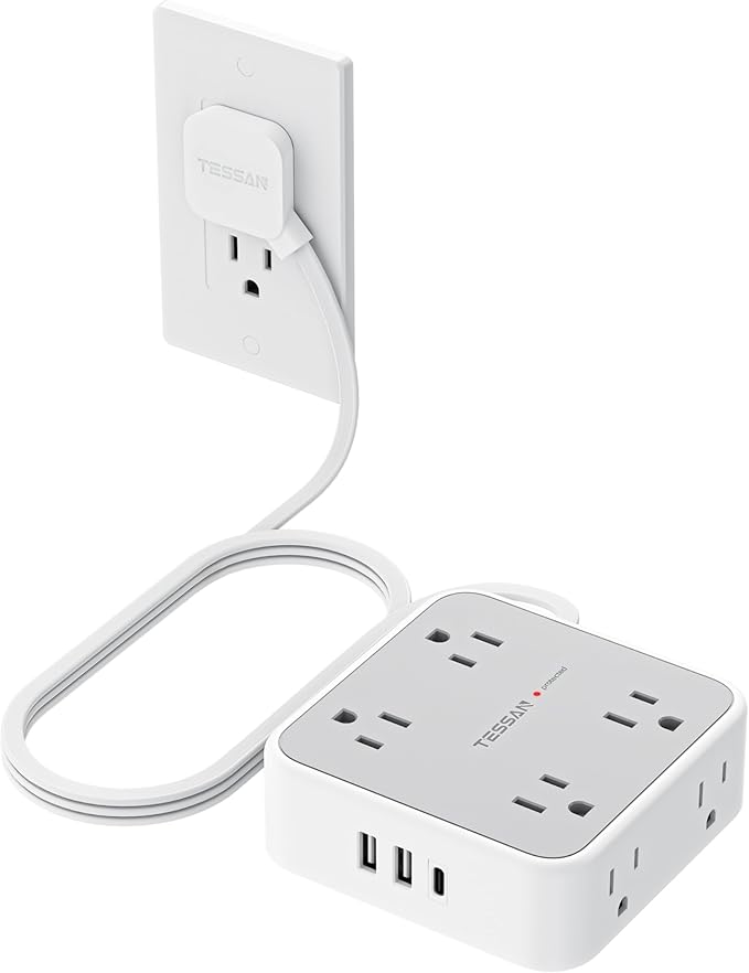 TESSAN Surge Protector Power Strip, 5 Ft Flat Plug Extension Cord with 3 USB (1 USB C) 8 Outlets, 1250W, 900J Protection, 3 Sided Outlet Extender with Power Switch for Office, Dorm Room, Grey