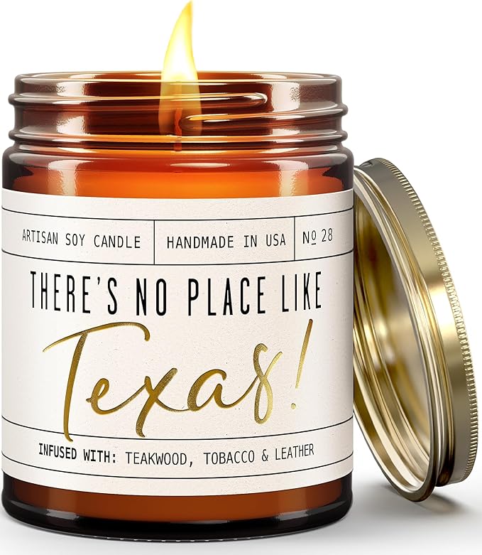 Texas Gifts, Texas Decor for Home - 'There's No Place Like Texas Candle, w/Teakwood, Tobacco & Rich Leather I Texas Souvenirs I Texas State Gifts I 9oz Jar, 50Hr Burn, USA Made