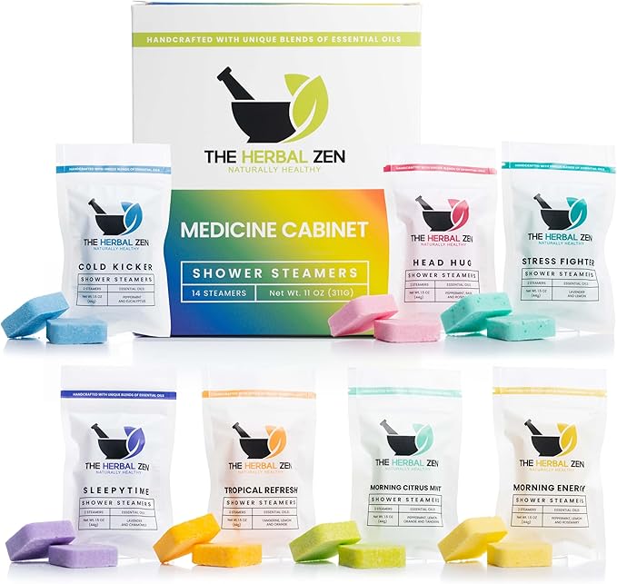The Herbal Zen Shower Steamers Aromatherapy Tablets 14 Pack - 7 Pure Essential Oil Blends for Daily Relaxation and Wellness - Shower Bombs Gift Set for Women and Men