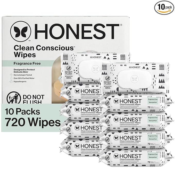 The Honest Company Baby Wipes for Sensitive Skin, Hypoallergenic, Fragrance-Free, Multi-Use, Pattern Play Design, 720 Count (10 Packs of 72)