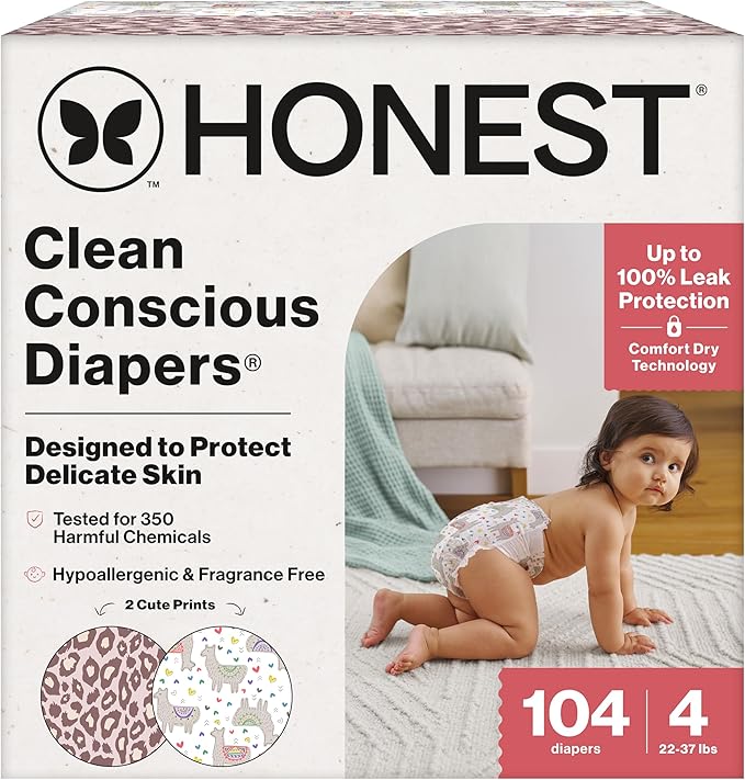 The Honest Company Comfort Dry Disposable Daytime Diapers for Sensitive Skin, Hypoallergenic, Wild Thang + All The Alpacas, Super Club Box Size 4 (22–37 lbs) 104 Count