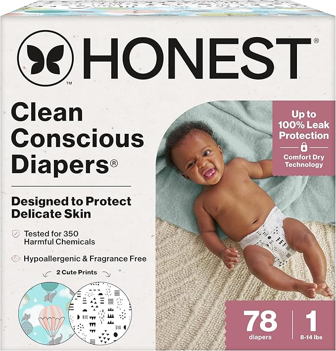 The Honest Company Comfort Dry Disposable Daytime Diapers, Hypoallergenic, Fragrance-Free, Sensitive Skin, Above It All + Pattern Play, Club Box Size 1 (8–14 lbs), 78 Count