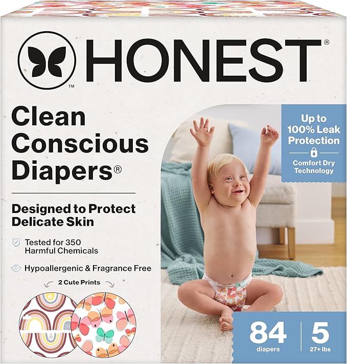 The Honest Company Comfort Dry Disposable Daytime Diapers, Hypoallergenic, Fragrance-Free, Sensitive Skin, Wingin' It + Catching Rainbows, Super Club Box Size 5 (27+ lbs), 84 Count