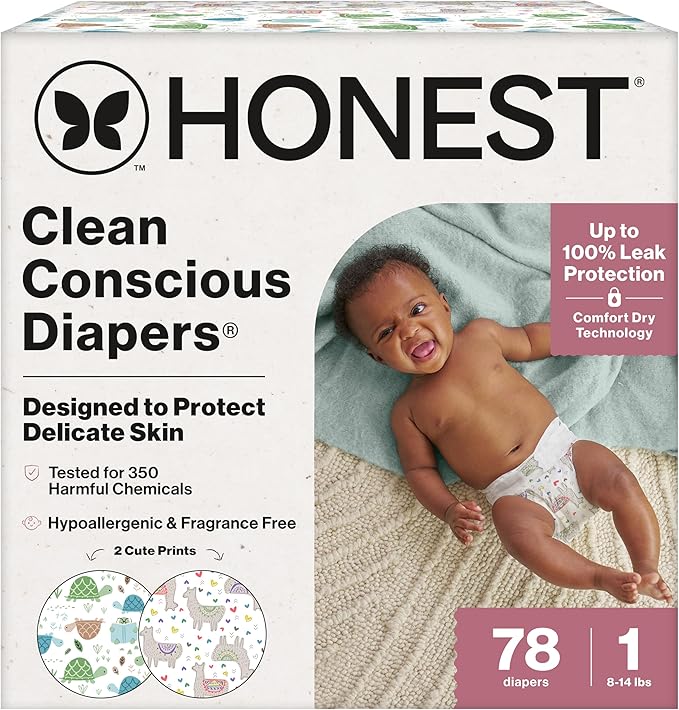 The Honest Company Comfort Dry Disposable Daytime Diapers for Sensitive Skin, Hypoallergenic, All the Alpacas + Turtle Time, Club Box Size 1 (8-14 lbs) 78 Count