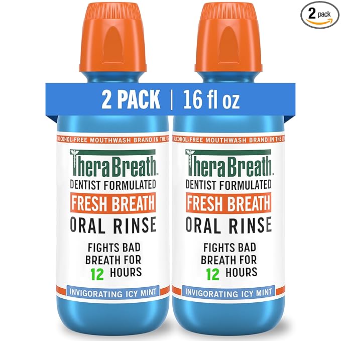 TheraBreath Fresh Breath Mouthwash, Icy Mint Flavor, Alcohol-Free, 16 Fl Oz (Pack of 2)