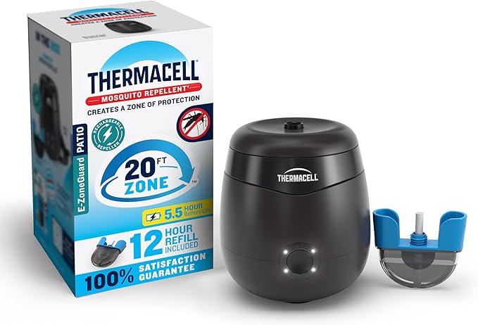 Thermacell E-ZoneGuard Patio Rechargeable Mosquito Repeller with 20-Foot Zone of Scientifically Proven Outdoor Protection; 5.5-Hr Battery; 12-Hr Refill; Bug Spray Alternative; DEET-Free; Black