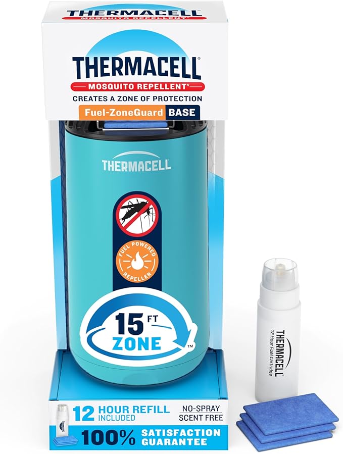 Thermacell Fuel-ZoneGuard Base Fuel Powered Mosquito Repeller; 15-Foot Zone of Scientifically Proven Outdoor Protection; Patio Shield; 12-Hr Refill; DEET-Free; Bug Spray Alternative; Glacial Blue
