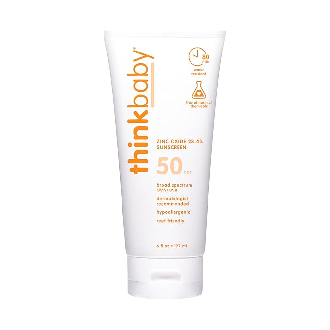 Thinkbaby SPF 50+ Baby Sunscreen, 6 Oz. – Safe, Natural Mineral Sun Cream for Babies - Water Resistant, Broad Spectrum UVA/UVB Sun Protection – Vegan Sunscreen for Kids