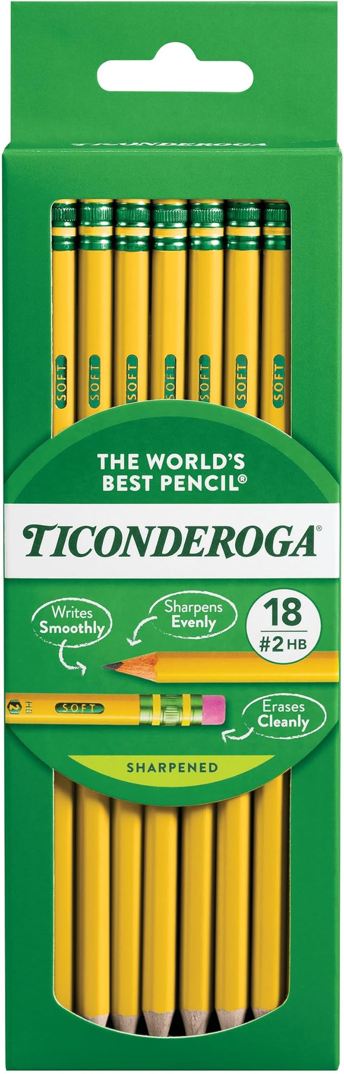 Ticonderoga Wood-Cased Pencils, Pre-Sharpened, #2 HB Soft, Yellow, 18 Count