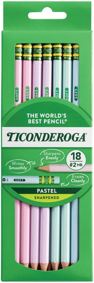Ticonderoga Wooden Pencils, Pre-Sharpened, 2 HB Soft, Pastel Colors, 18 Count
