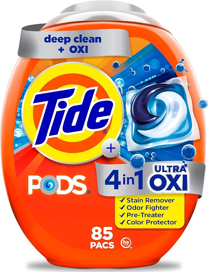 Tide 4-in-1 Ultra Oxi PODS Laundry Detergent Pacs, 85 Count, HE Compatible, Built in Pre-treater for Stains